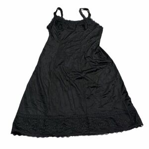 70s European Vintage Perlon Silky Lace Trim Slip Dress (Black) Size S